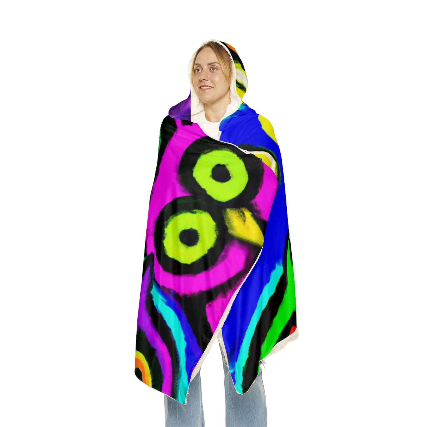 "Rainbow of Reveries" - NEON Owls Art Hooded Snuggle Blanket