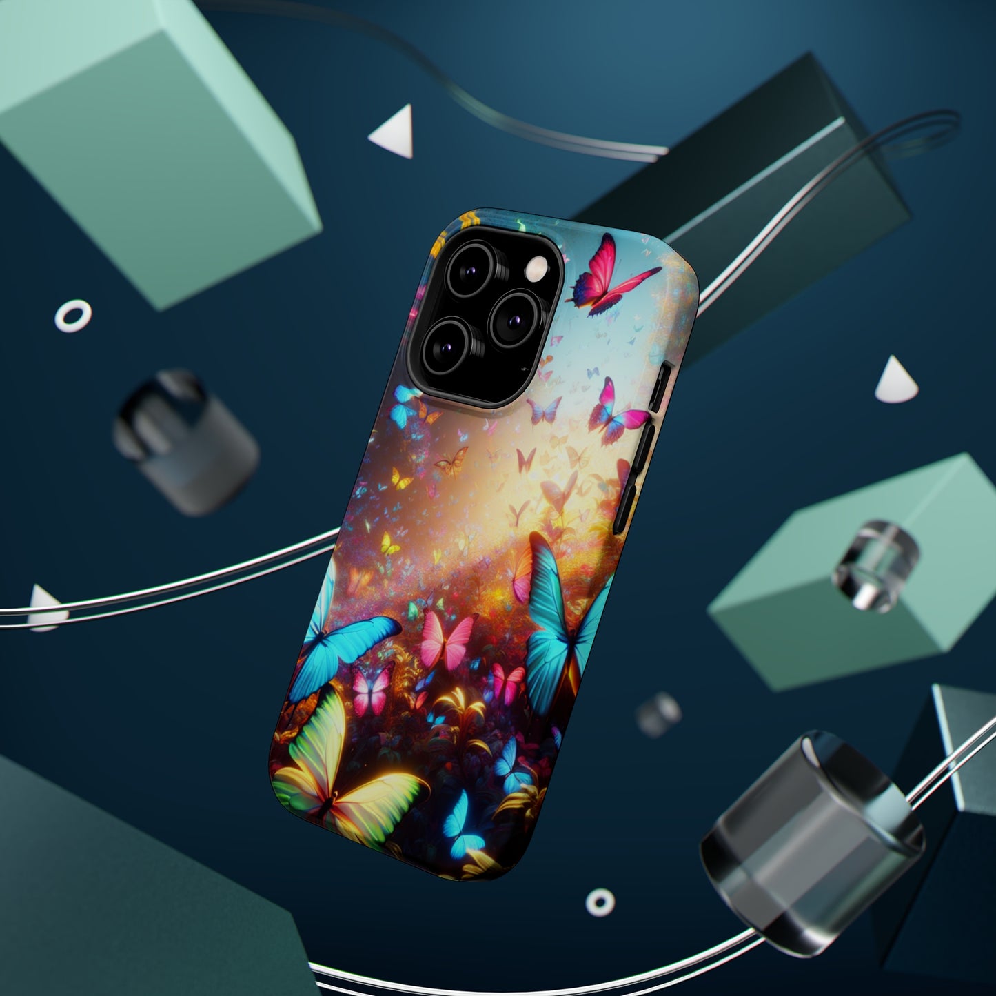 "Neon Butterfly Blooms" Neon Butterflies Premium Art Magsafe Magnet Tough IPhone 13 14 15 Pro Plus Max and Mini in Matte and Glossy Phone cases