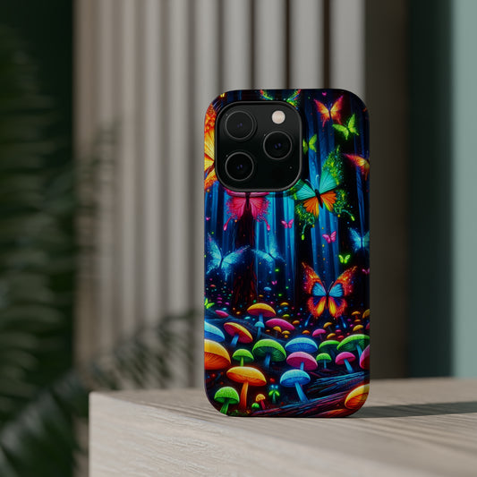 Neon Fantasia. Neon Butterflies and Mushrooms Premium Art Magsafe Magnet Tough IPhone 13 14 15 Pro Plus Max and Mini in Matte and Glossy Phone cases