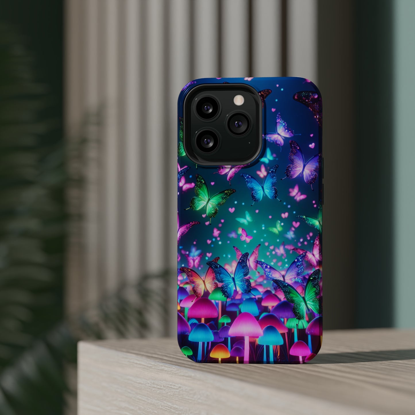 Neon Eden. Neon Butterflies and Mushrooms Premium Art Magsafe Magnet Tough IPhone 13 14 15 Pro Plus Max and Mini in Matte and Glossy Phone cases