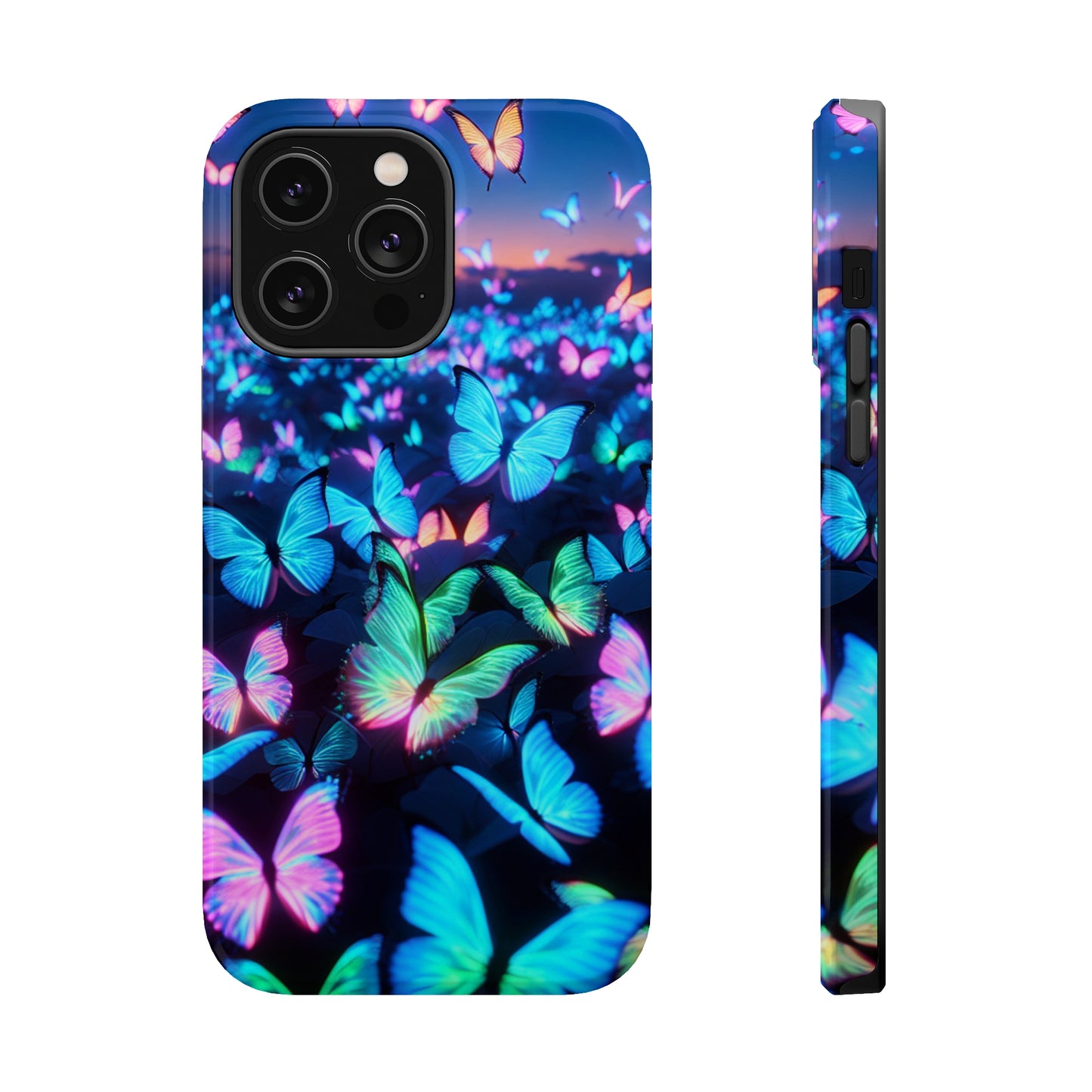 "Fantasia of Neon Butterflies" Neon Butterflies Premium Art Magsafe Magnet Tough IPhone 13 14 15 Pro Plus Max and Mini in Matte and Glossy Phone cases