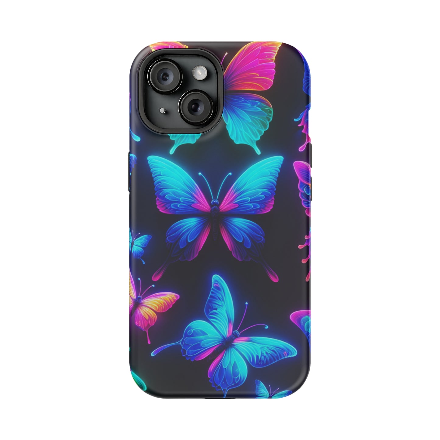 "Neon Flight Frenzy" Neon Butterflies Premium Art Magsafe Magnet Tough IPhone 13 14 15 Pro Plus Max and Mini in Matte and Glossy Phone cases