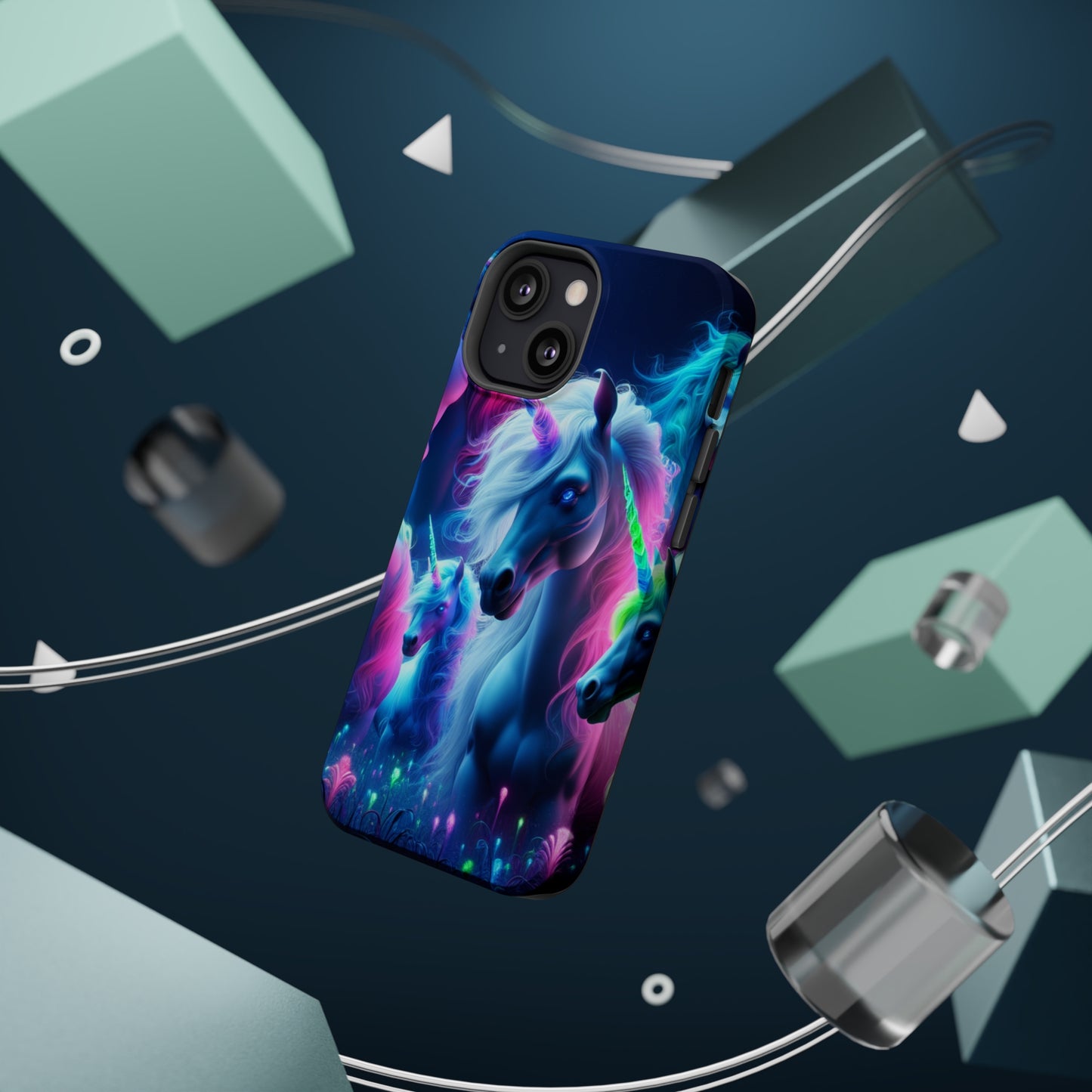 "Unicorn Flux-scape" Neon Unicorns Premium Art Magsafe Magnet Tough IPhone 13 14 15 Pro Plus Max and Mini in Matte and Glossy Phone cases