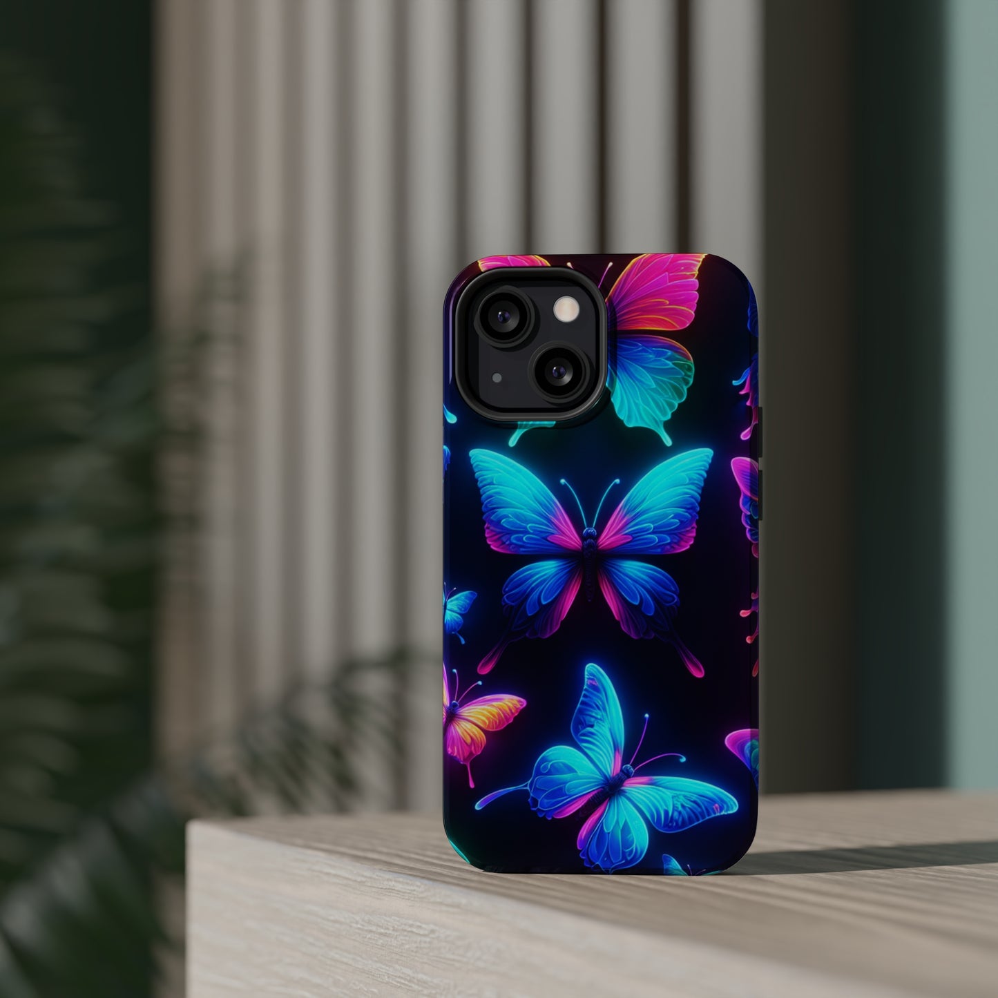 "Neon Flight Frenzy" Neon Butterflies Premium Art Magsafe Magnet Tough IPhone 13 14 15 Pro Plus Max and Mini in Matte and Glossy Phone cases