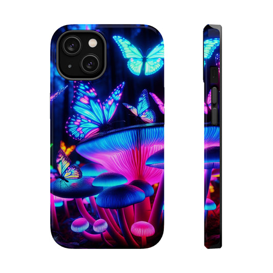 Neon Fantasy Garden Neon Butterflies and Mushrooms Premium Art Magsafe Magnet Tough IPhone 13 14 15 Pro Plus Max and Mini in Matte and Glossy Phone cases