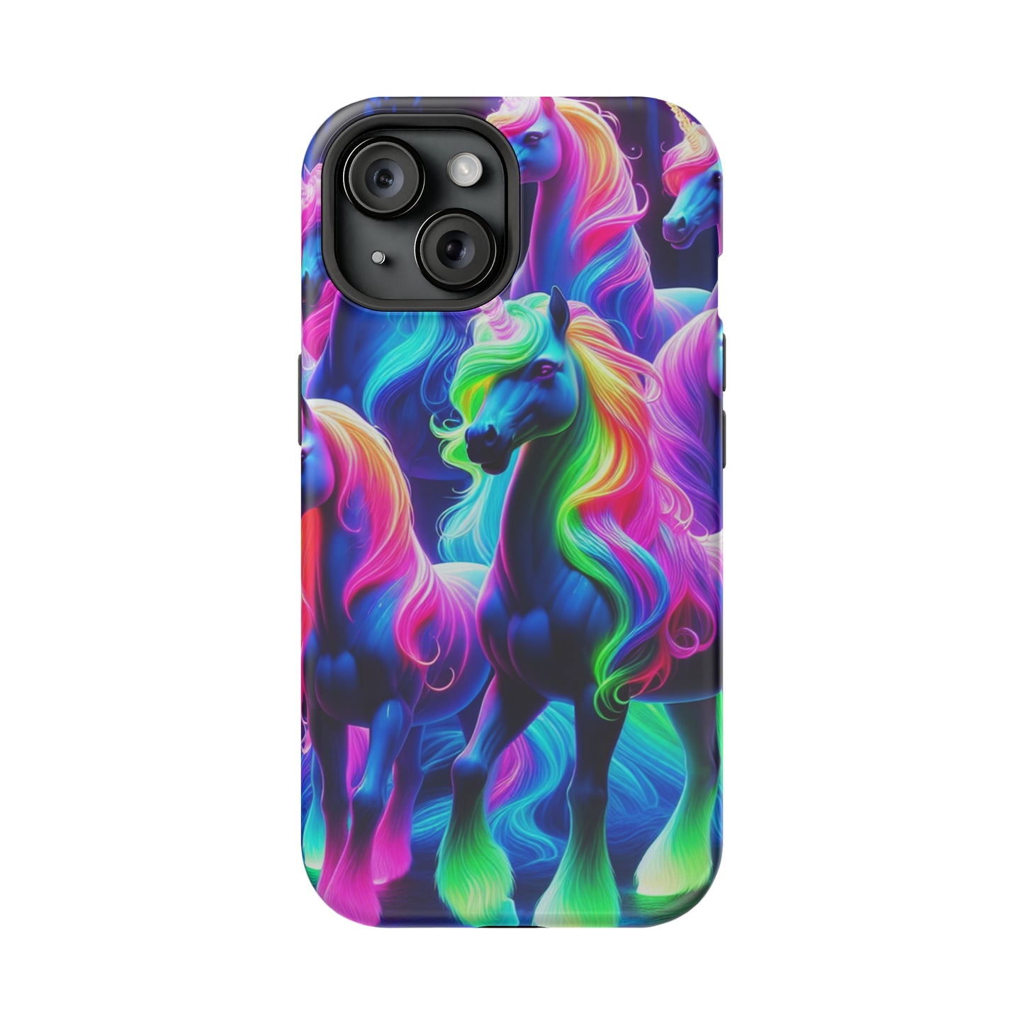 Neon Magic Skies - Unicorn Gang. Neon Unicorns Premium Art Magsafe Magnet Tough IPhone 13 14 15 Pro Plus Max and Mini in Matte and Glossy Phone cases