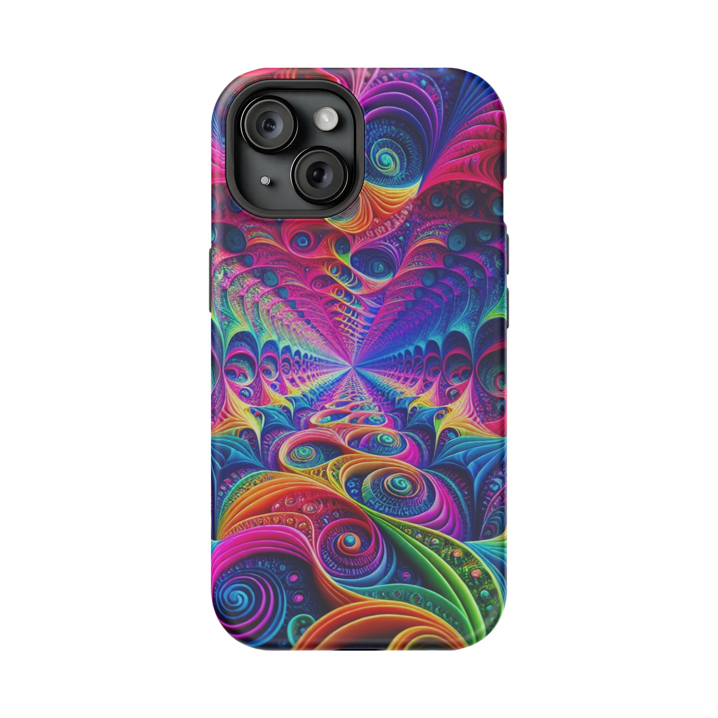 Cosmic Electric Rainbow Frenzy. Neon Trippy Infinity Patterns Premium Art Magsafe Magnet Tough IPhone 13 14 15 Pro Plus Max and Mini in Matte and Glossy Phone cases