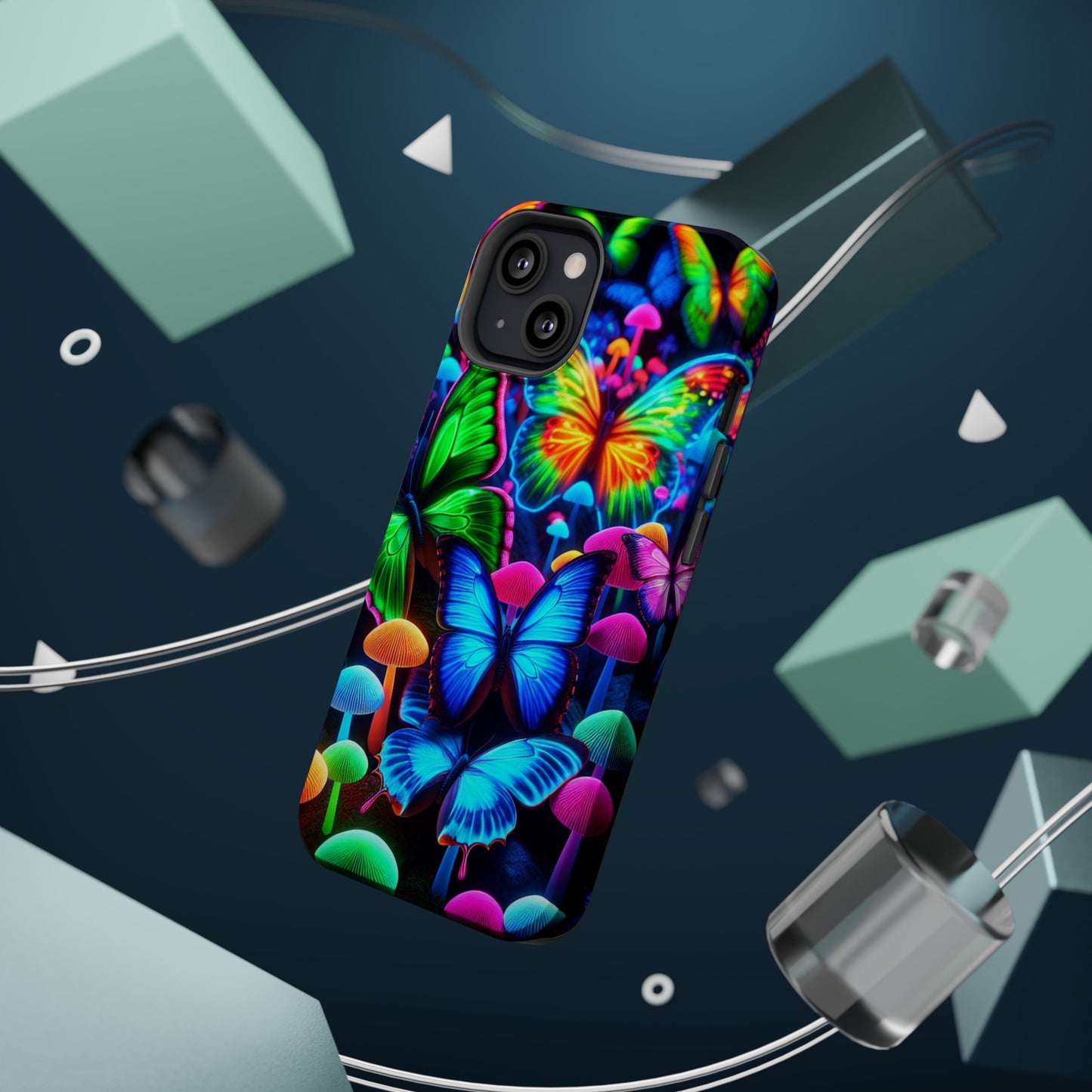 "Fantastic Fruition" Neon Butterflies and Mushrooms Premium Art Magsafe Magnet Tough IPhone 13 14 15 Pro Plus Max and Mini in Matte and Glossy Phone cases