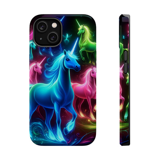 Neon Rainbow Herd. Neon Unicorns Premium Art Magsafe Magnet Tough IPhone 13 14 15 Pro Plus Max and Mini in Matte and Glossy Phone cases