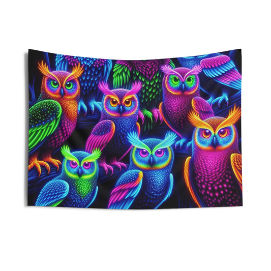 "Neon Nocturne" NEON Owls Art Tapestry