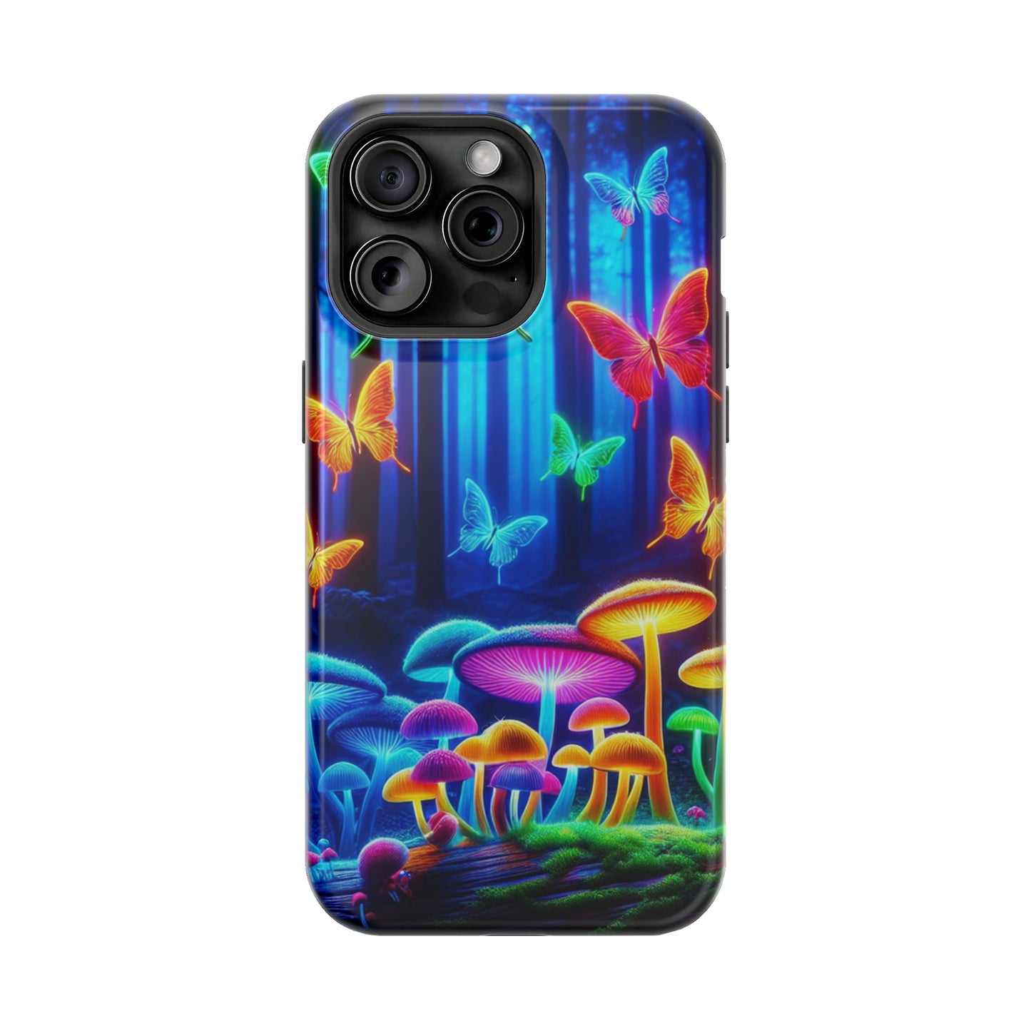 "Neon Garden Delight" Neon Butterflies and Mushrooms Premium Art Magsafe Magnet Tough IPhone 13 14 15 Pro Plus Max and Mini in Matte and Glossy Phone cases