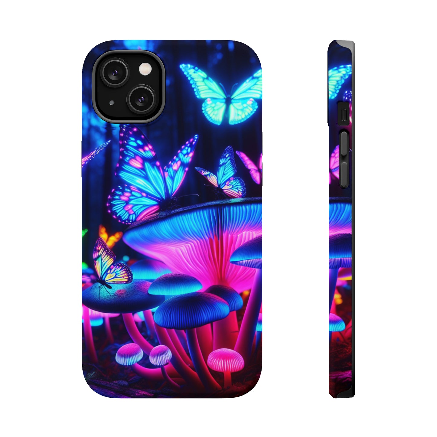Neon Fantasy Garden Neon Butterflies and Mushrooms Premium Art Magsafe Magnet Tough IPhone 13 14 15 Pro Plus Max and Mini in Matte and Glossy Phone cases