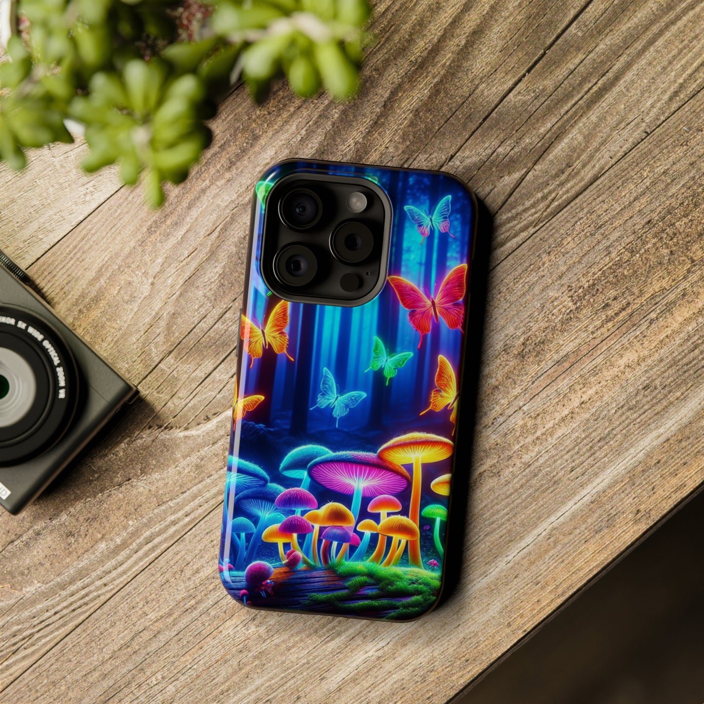 "Neon Garden Delight" Neon Butterflies and Mushrooms Premium Art Magsafe Magnet Tough IPhone 13 14 15 Pro Plus Max and Mini in Matte and Glossy Phone cases