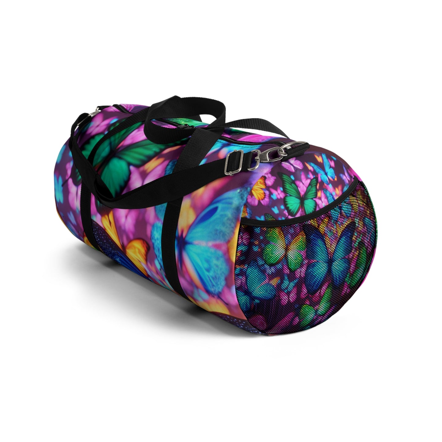 "Illuminated Flutter" - Neon Butterflies Duffle Bag