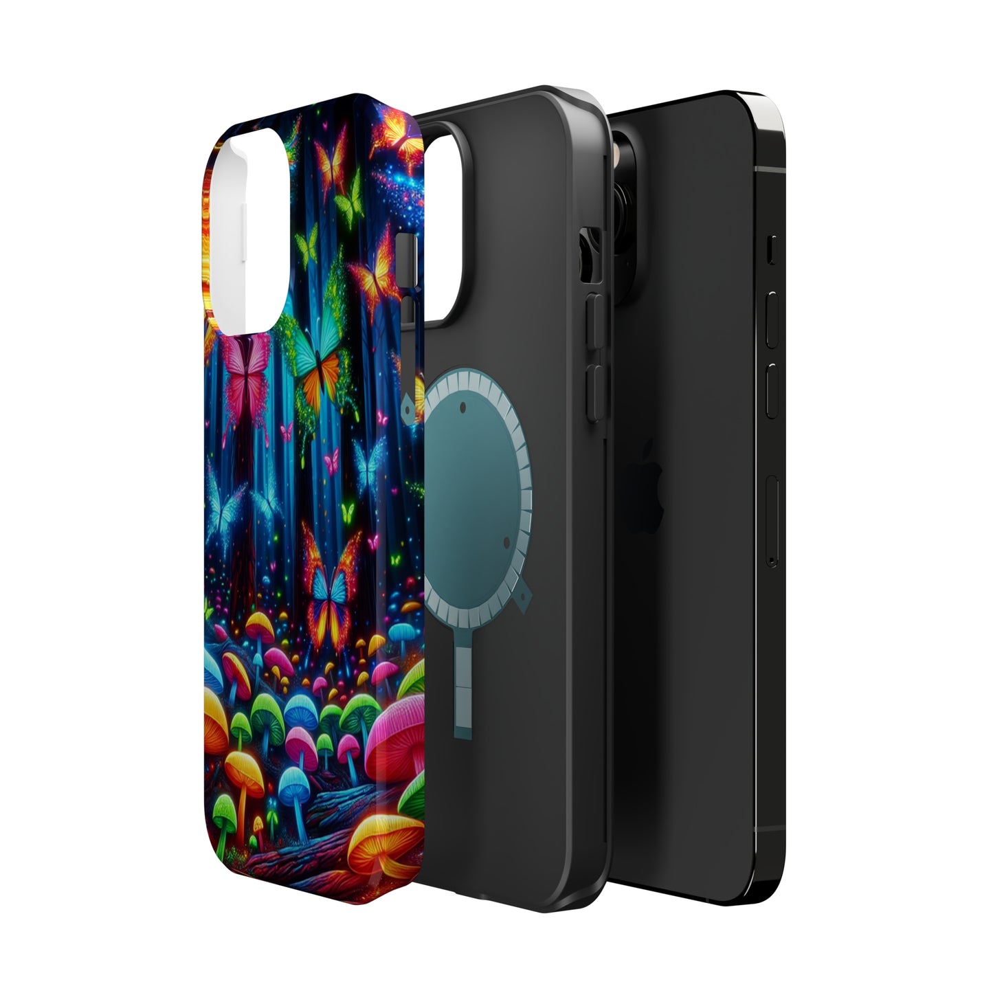 Neon Fantasia. Neon Butterflies and Mushrooms Premium Art Magsafe Magnet Tough IPhone 13 14 15 Pro Plus Max and Mini in Matte and Glossy Phone cases