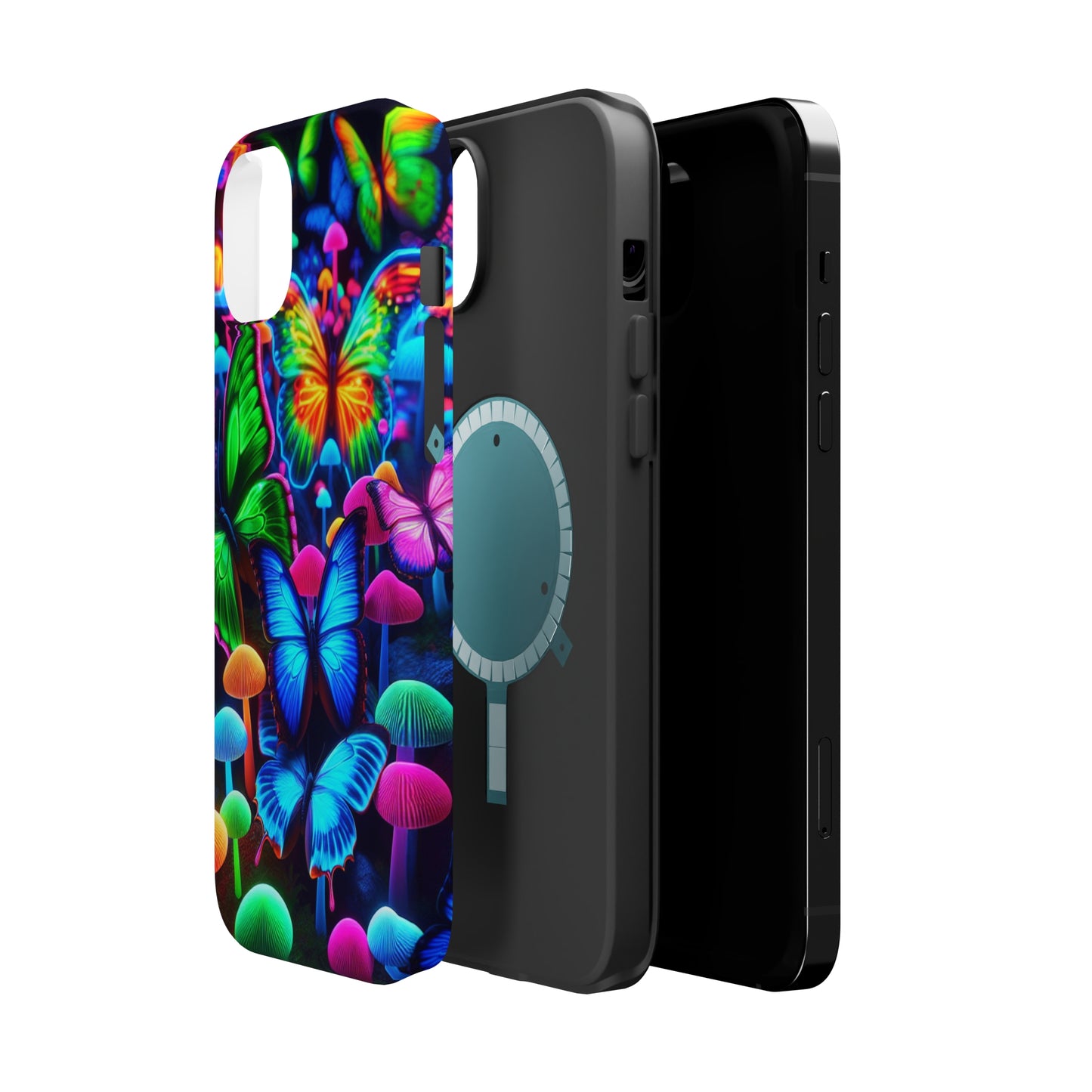 "Fantastic Fruition" Neon Butterflies and Mushrooms Premium Art Magsafe Magnet Tough IPhone 13 14 15 Pro Plus Max and Mini in Matte and Glossy Phone cases