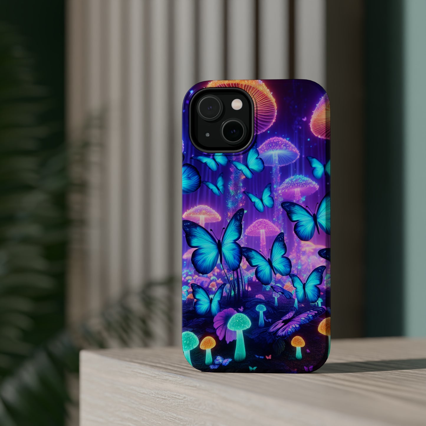 Neon Delight Landscape Neon Butterflies and Mushrooms Premium Art Magsafe Magnet Tough IPhone 13 14 15 Pro Plus Max and Mini in Matte and Glossy Phone cases