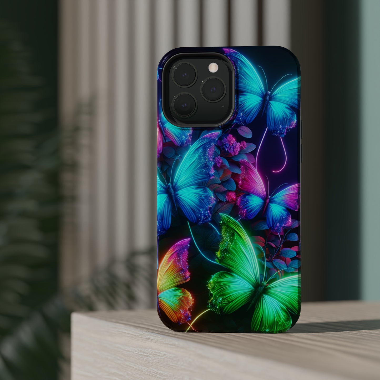 Neon Flutter Symphony Neon Butterflies Premium Art Magsafe Magnet Tough IPhone 13 14 15 Pro Plus Max and Mini in Matte and Glossy Phone cases