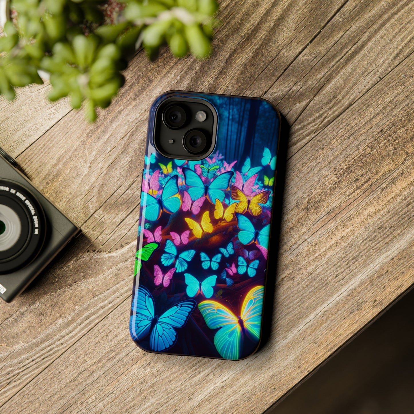 "Scintillating Swirls of Neon Butterflies" Neon Butterflies Premium Art Magsafe Magnet Tough IPhone 13 14 15 Pro Plus Max and Mini in Matte and Glossy Phone cases