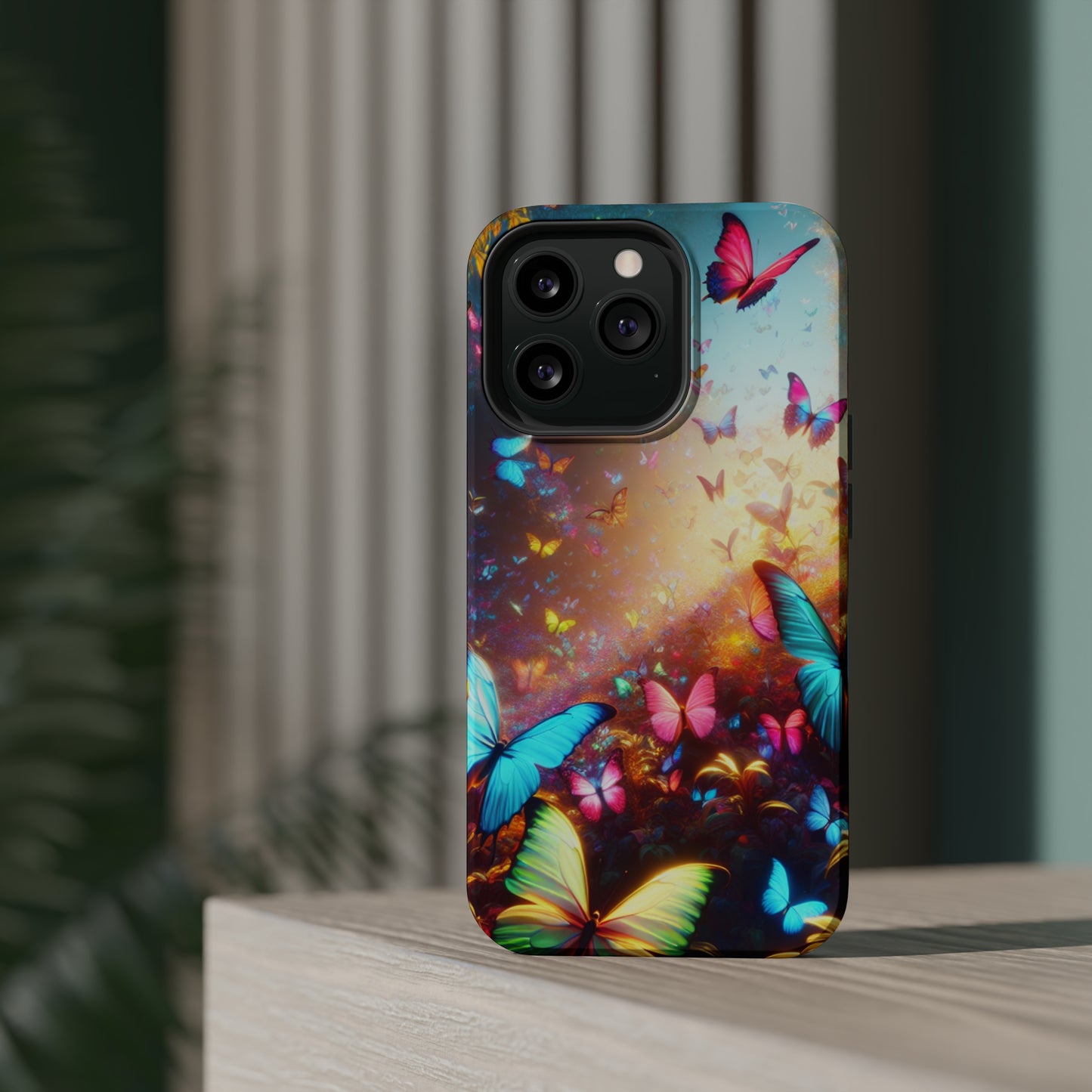 "Neon Butterfly Blooms" Neon Butterflies Premium Art Magsafe Magnet Tough IPhone 13 14 15 Pro Plus Max and Mini in Matte and Glossy Phone cases