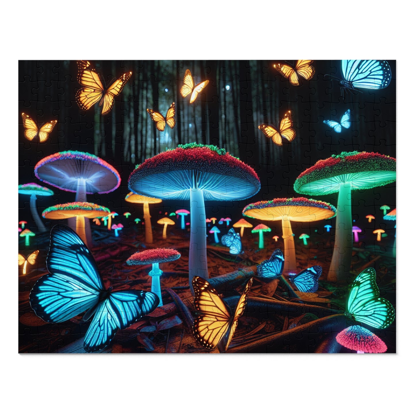 Neon Butterflydreamscape - Neon Butterflies and Mushrooms Puzzle 30, 110, 252, and 1000 Pieces
