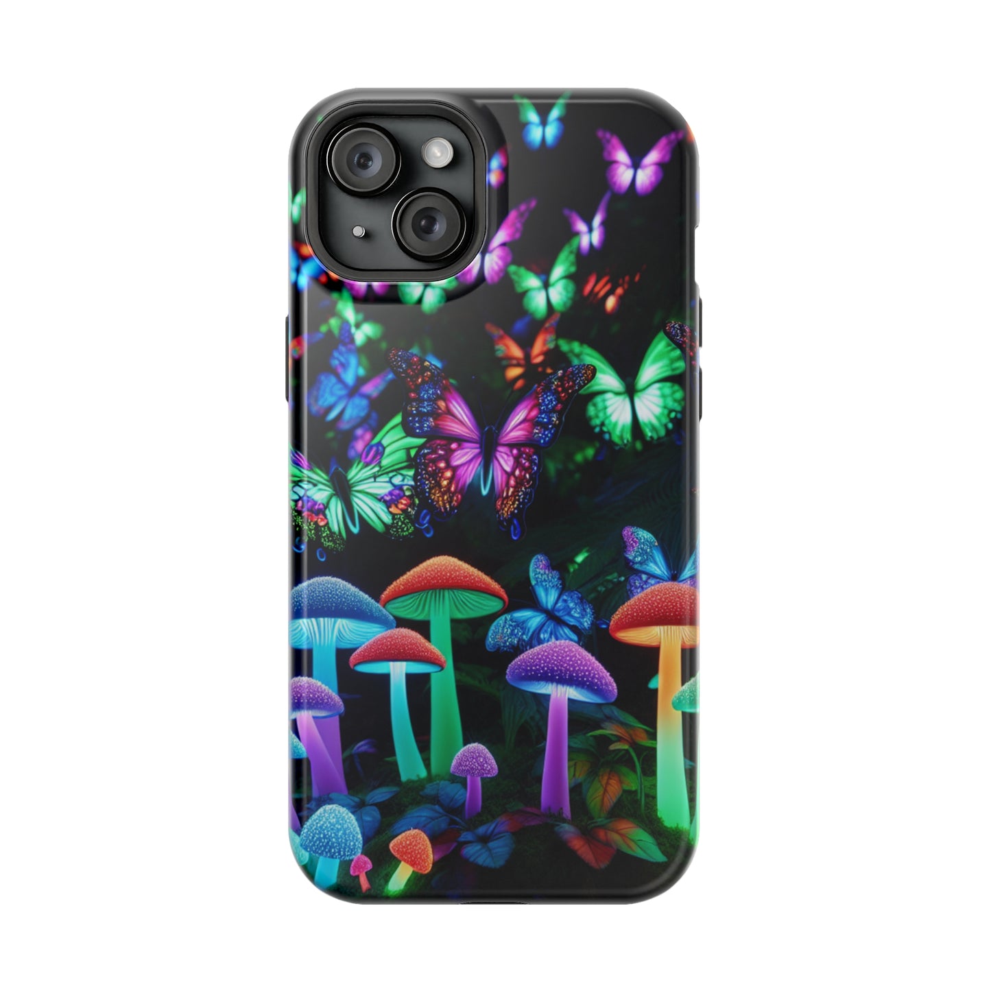 "Neon Burst Wonderland". Neon Butterflies and Mushrooms Premium Art Magsafe Magnet Tough IPhone 13 14 15 Pro Plus Max and Mini in Matte and Glossy Phone cases