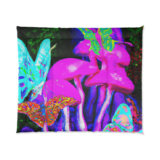 "Neon Glade of Wonders" Butterflies & Mushrooms Comforter Blanket