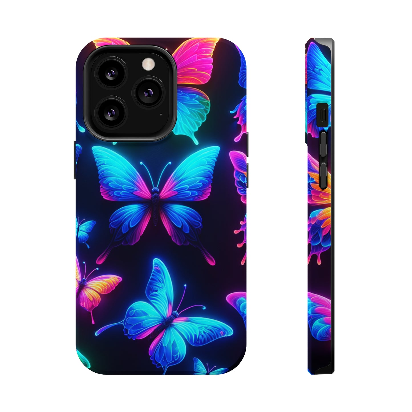 "Neon Flight Frenzy" Neon Butterflies Premium Art Magsafe Magnet Tough IPhone 13 14 15 Pro Plus Max and Mini in Matte and Glossy Phone cases