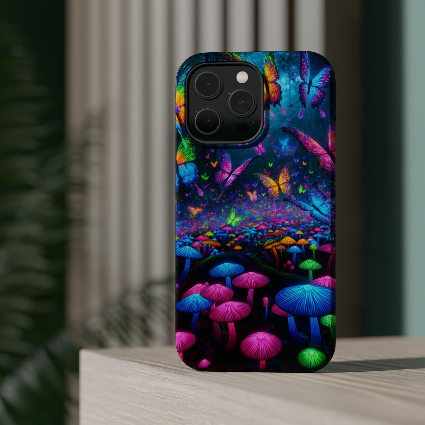 Neon Fruition Neon Butterflies and Mushrooms Premium Art Magsafe Magnet Tough IPhone 13 14 15 Pro Plus Max and Mini in Matte and Glossy Phone cases