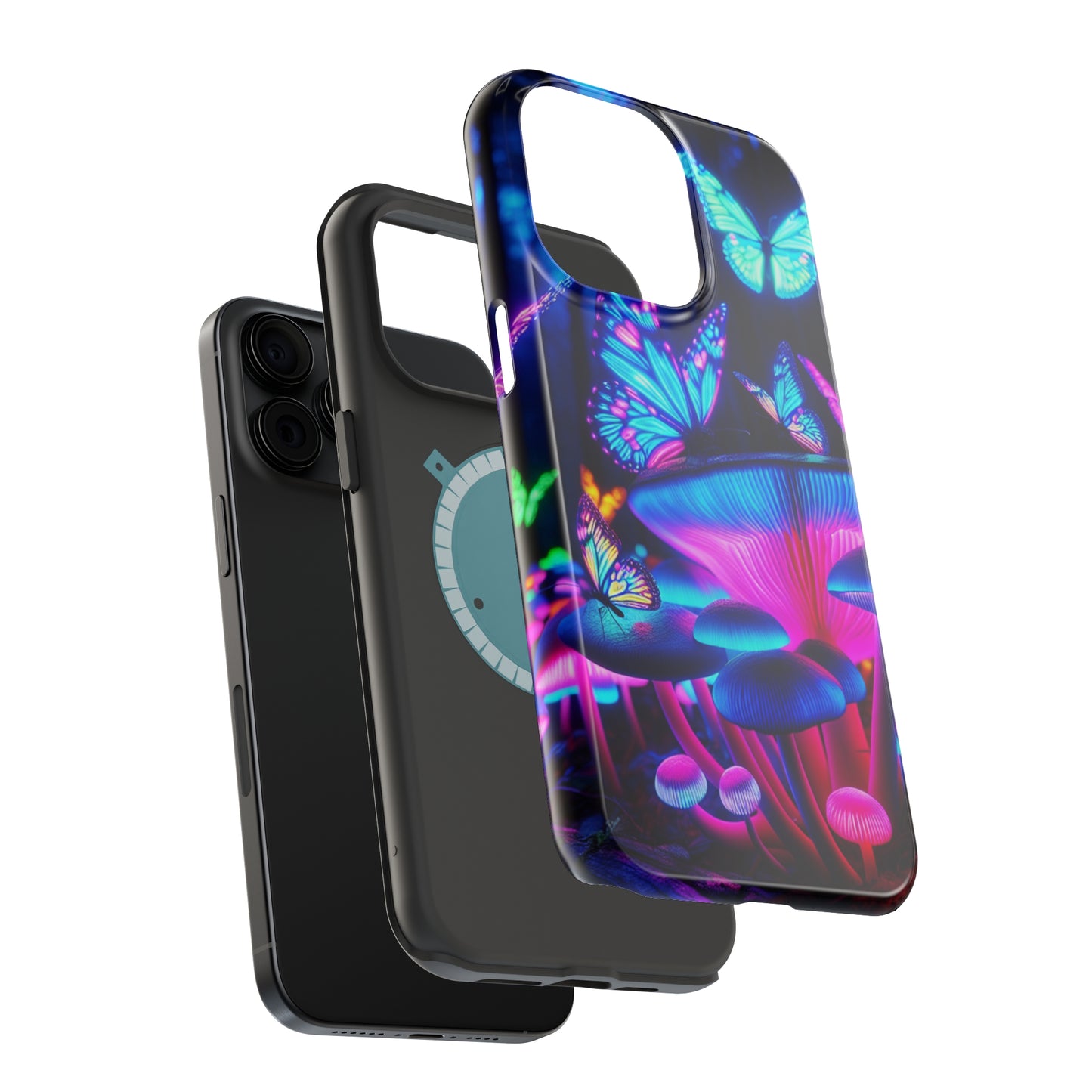 Neon Fantasy Garden Neon Butterflies and Mushrooms Premium Art Magsafe Magnet Tough IPhone 13 14 15 Pro Plus Max and Mini in Matte and Glossy Phone cases