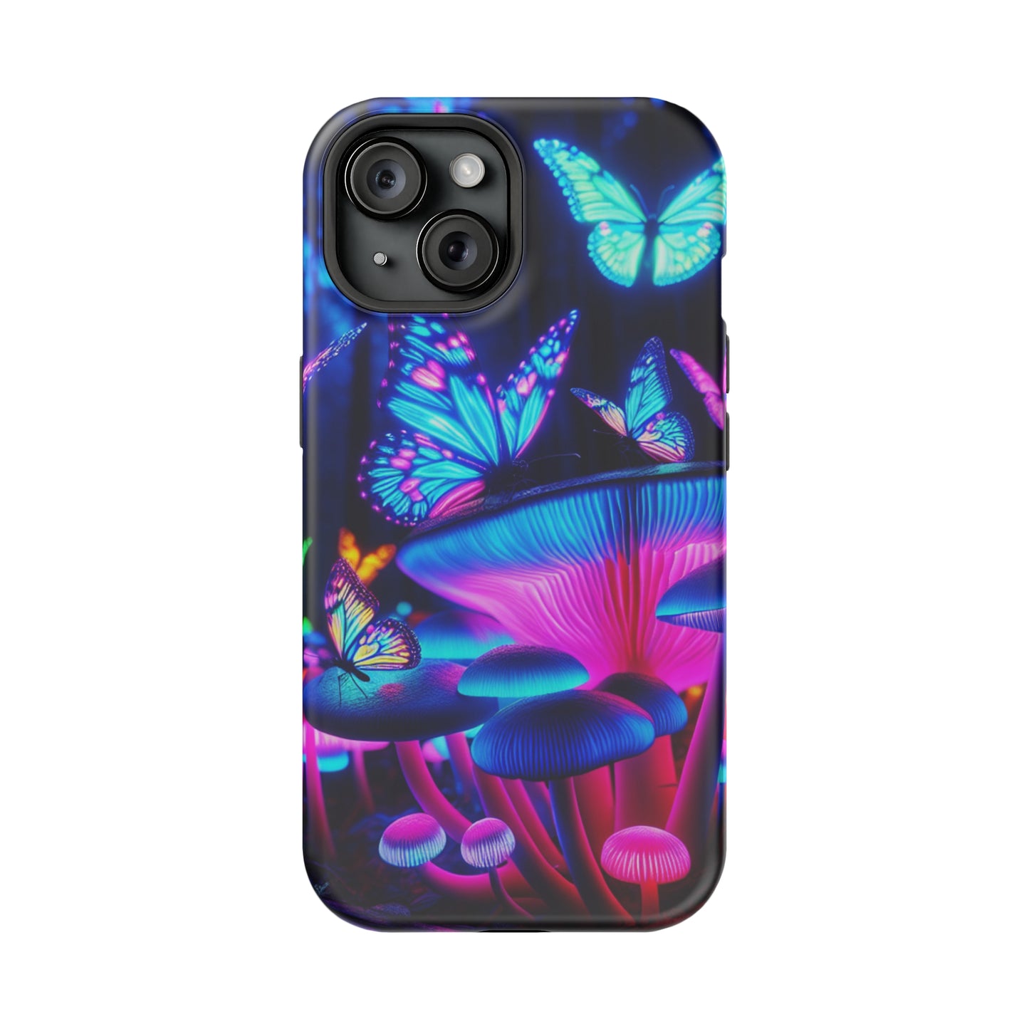 Neon Fantasy Garden Neon Butterflies and Mushrooms Premium Art Magsafe Magnet Tough IPhone 13 14 15 Pro Plus Max and Mini in Matte and Glossy Phone cases