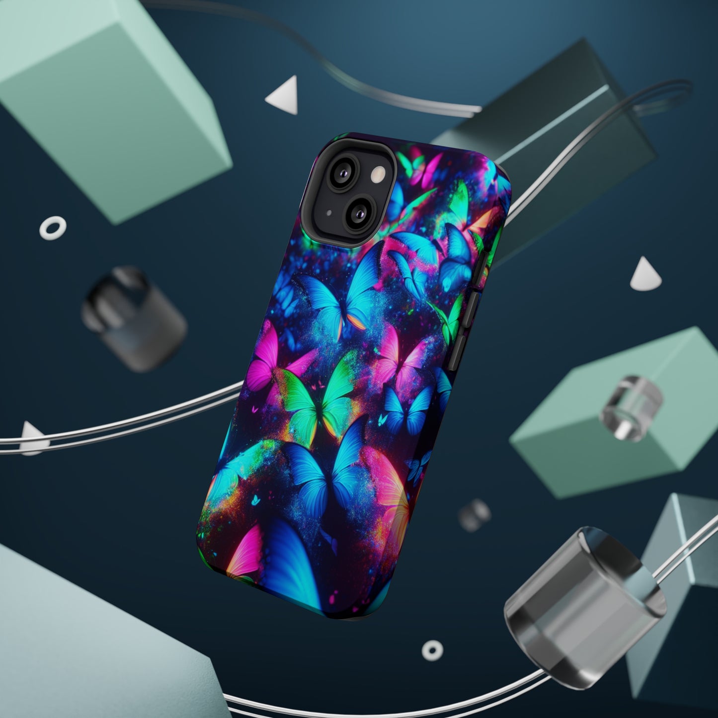 "Neon Flutterglow" Neon Butterflies Premium Art Magsafe Magnet Tough IPhone 13 14 15 Pro Plus Max and Mini in Matte and Glossy Phone cases