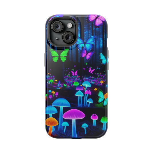 Neon Spectacle. Neon Butterflies and Mushrooms Premium Art Magsafe Magnet Tough IPhone 13 14 15 Pro Plus Max and Mini in Matte and Glossy Phone cases