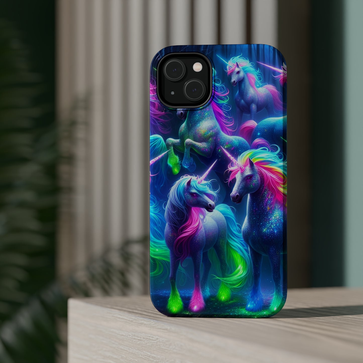 Vivid Dreamscape of Neon Unicorns Neon Unicorns Premium Art Magsafe Magnet Tough IPhone 13 14 15 Pro Plus Max and Mini in Matte and Glossy Phone cases