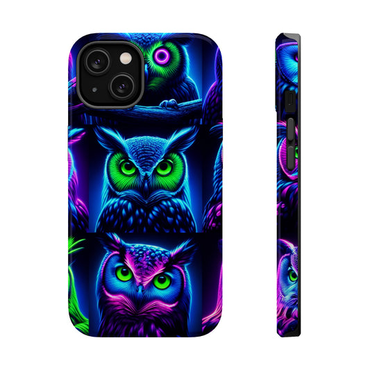 "Neon Nocturne" Neon Owls Premium Art Magsafe Magnet Tough IPhone 13 14 15 Pro Plus Max and Mini in Matte and Glossy Phone cases