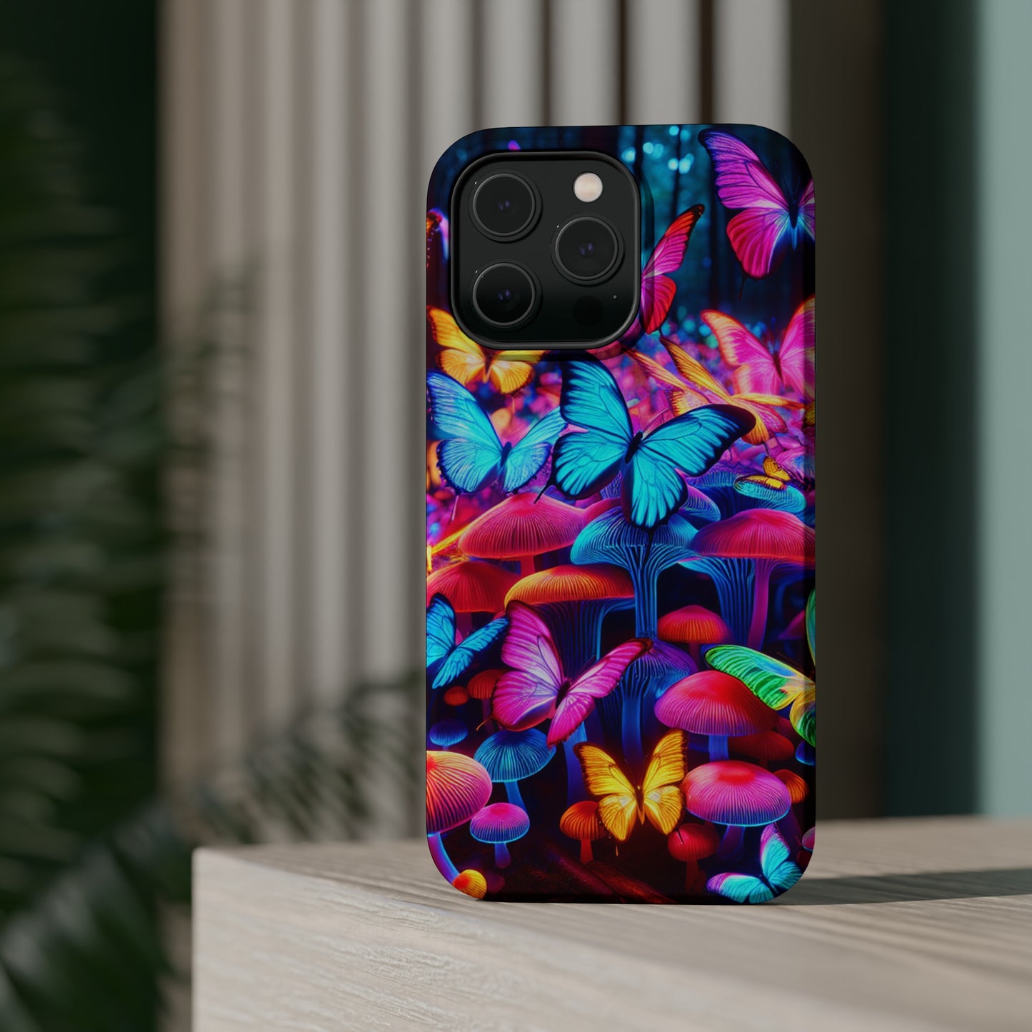 "Neon Tie-Dye Garden" Neon Butterflies and Mushrooms Premium Art Magsafe Magnet Tough IPhone 13 14 15 Pro Plus Max and Mini in Matte and Glossy Phone cases
