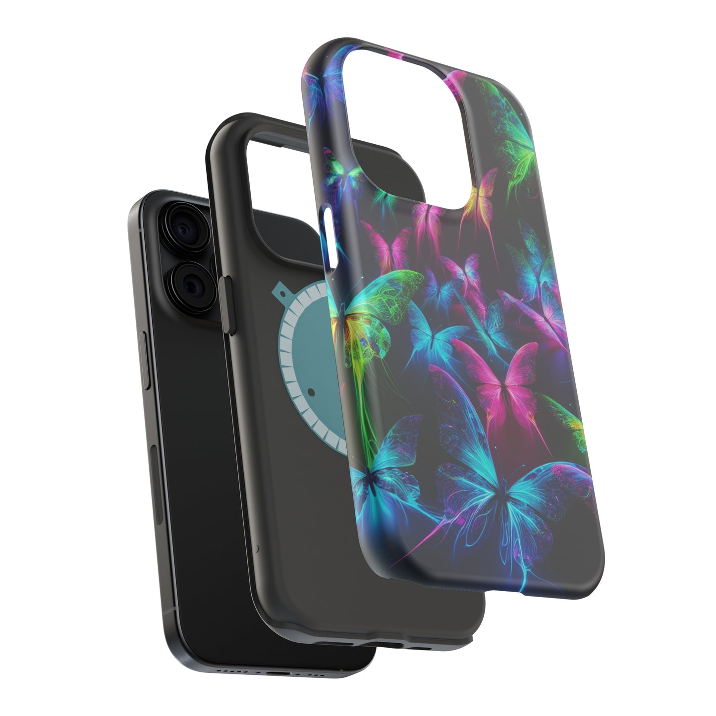 'Euphoria in Neon Flight' Neon Butterflies Premium Art Magsafe Magnet Tough IPhone 13 14 15 Pro Plus Max and Mini in Matte and Glossy Phone cases