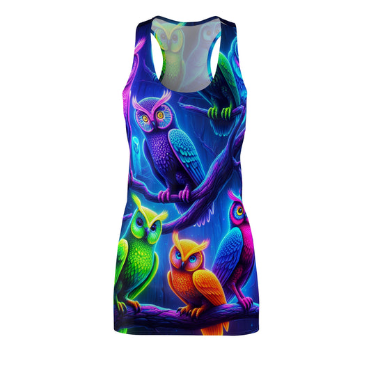 "Neon Nocturnal Feathered Friends" Neon Owls Racerback Dress