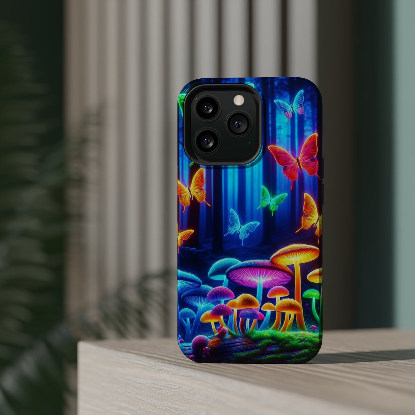 "Neon Garden Delight" Neon Butterflies and Mushrooms Premium Art Magsafe Magnet Tough IPhone 13 14 15 Pro Plus Max and Mini in Matte and Glossy Phone cases