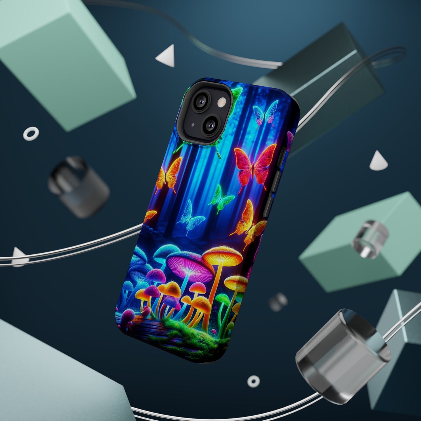 "Neon Garden Delight" Neon Butterflies and Mushrooms Premium Art Magsafe Magnet Tough IPhone 13 14 15 Pro Plus Max and Mini in Matte and Glossy Phone cases