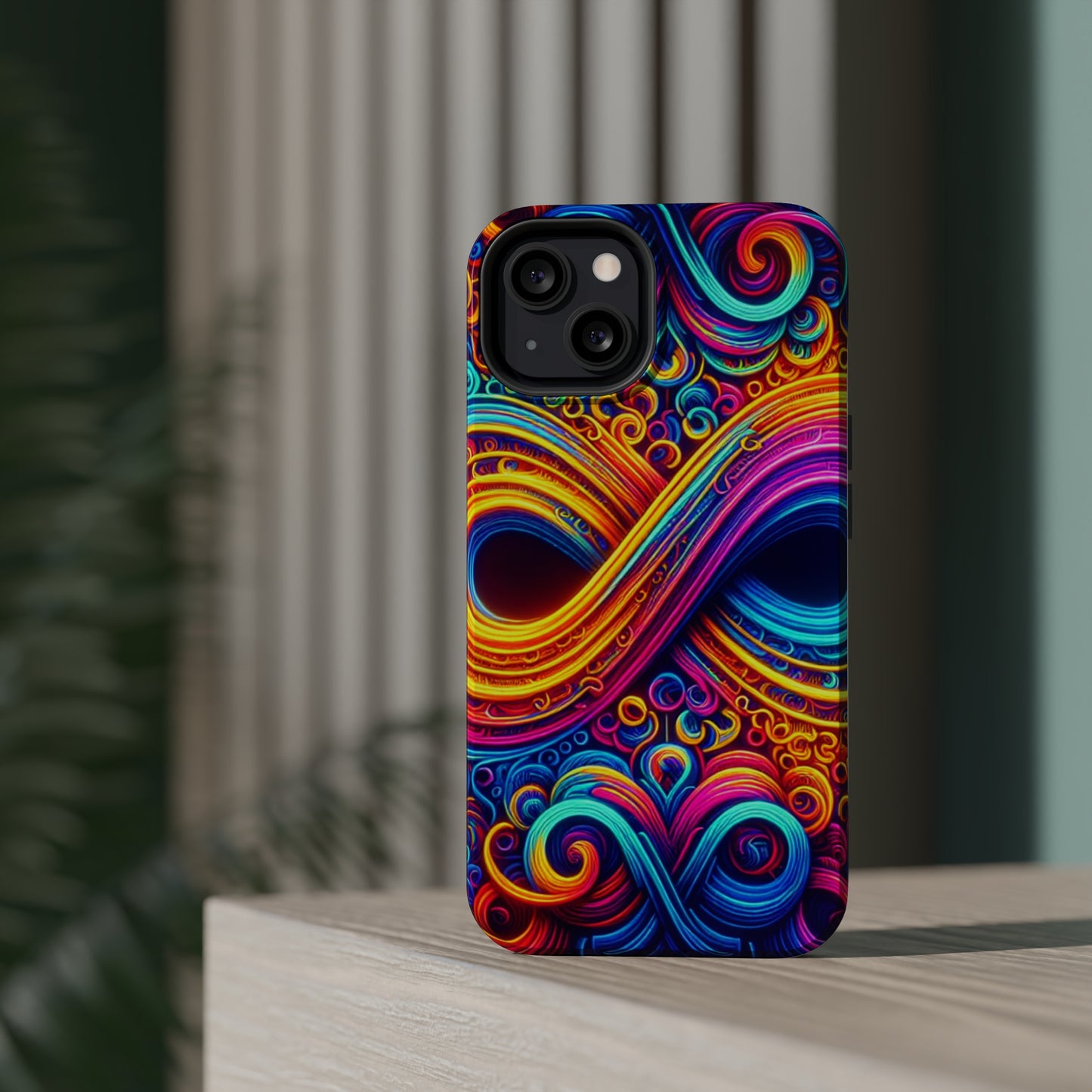 ElectroFractal Fluorescence. Neon Trippy Infinity Patterns Premium Art Magsafe Magnet Tough IPhone 13 14 15 Pro Plus Max and Mini in Matte and Glossy Phone cases