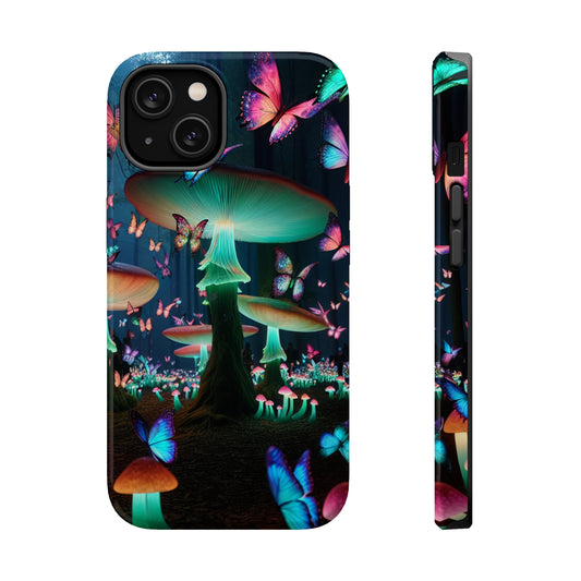 Neon Garden Delight. Neon Butterflies and Mushrooms Premium Art Magsafe Magnet Tough IPhone 13 14 15 Pro Plus Max and Mini in Matte and Glossy Phone cases
