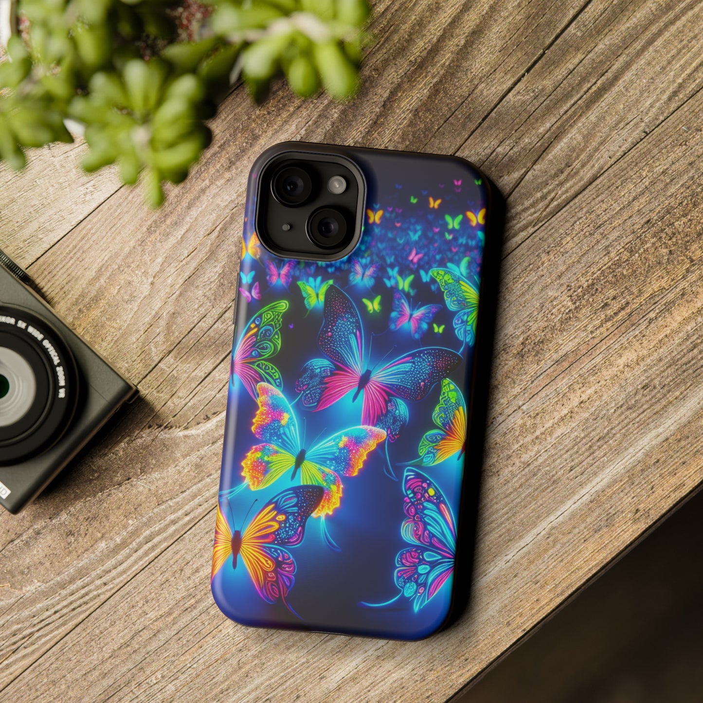 "Atmospheric Fluorescence" Neon Butterflies Premium Art Magsafe Magnet Tough IPhone 13 14 15 Pro Plus Max and Mini in Matte and Glossy Phone cases