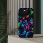 'Euphoria in Neon Flight' Neon Butterflies Premium Art Magsafe Magnet Tough IPhone 13 14 15 Pro Plus Max and Mini in Matte and Glossy Phone cases