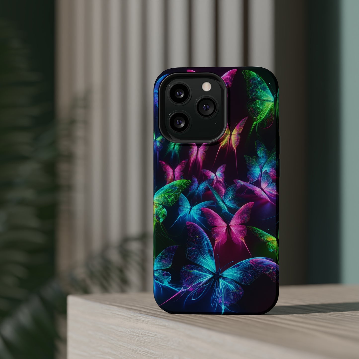 'Euphoria in Neon Flight' Neon Butterflies Premium Art Magsafe Magnet Tough IPhone 13 14 15 Pro Plus Max and Mini in Matte and Glossy Phone cases