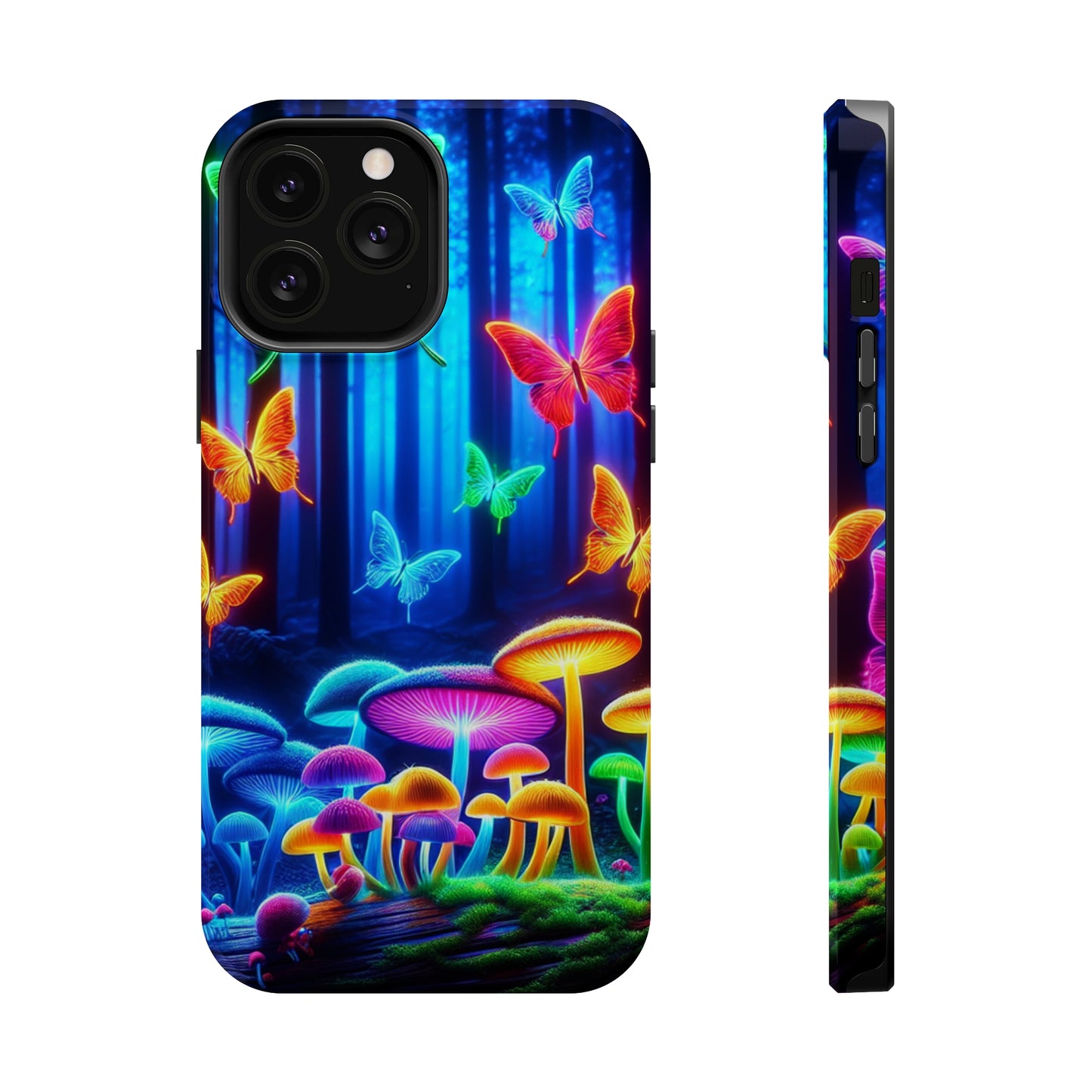"Neon Garden Delight" Neon Butterflies and Mushrooms Premium Art Magsafe Magnet Tough IPhone 13 14 15 Pro Plus Max and Mini in Matte and Glossy Phone cases