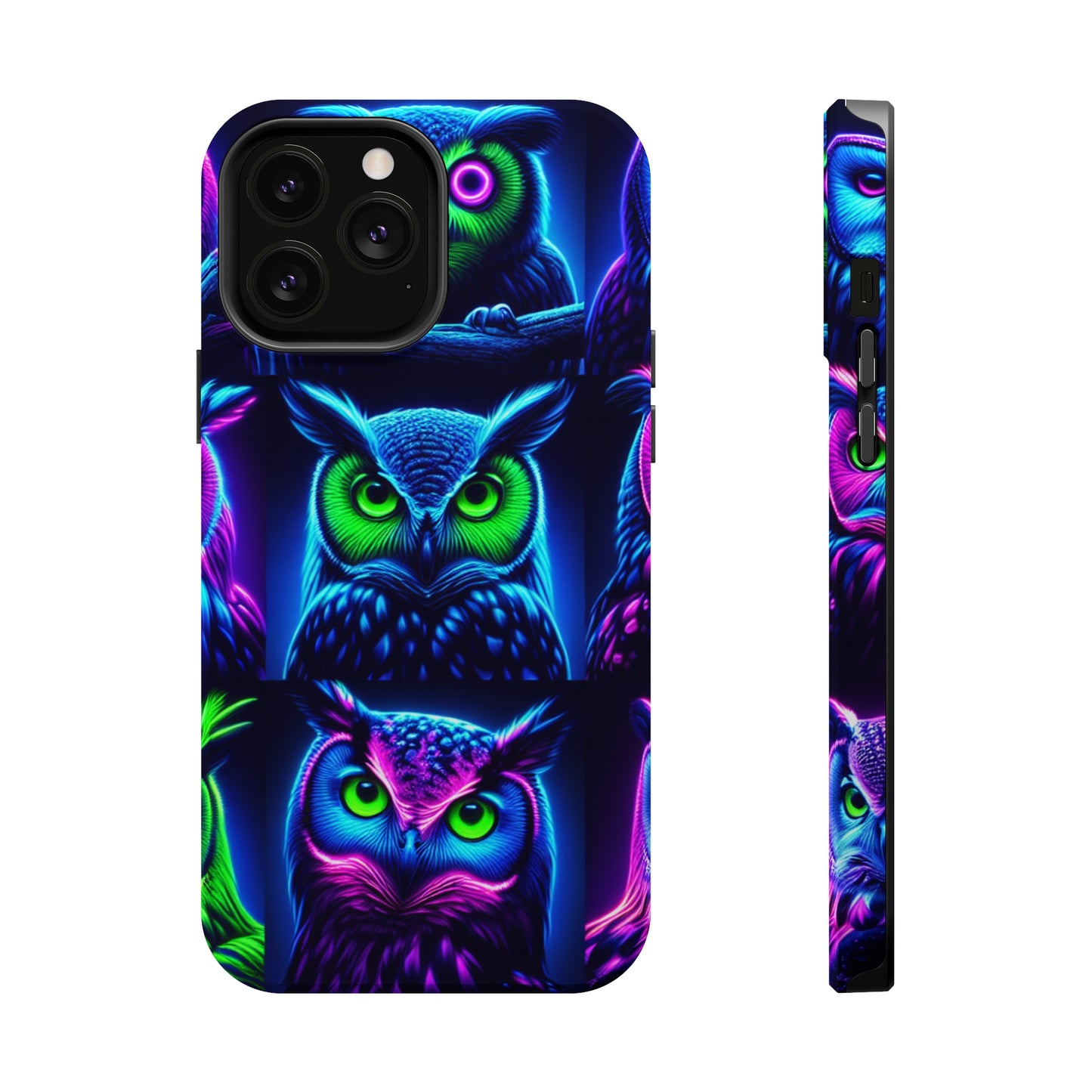 "Neon Nocturne" Neon Owls Premium Art Magsafe Magnet Tough IPhone 13 14 15 Pro Plus Max and Mini in Matte and Glossy Phone cases