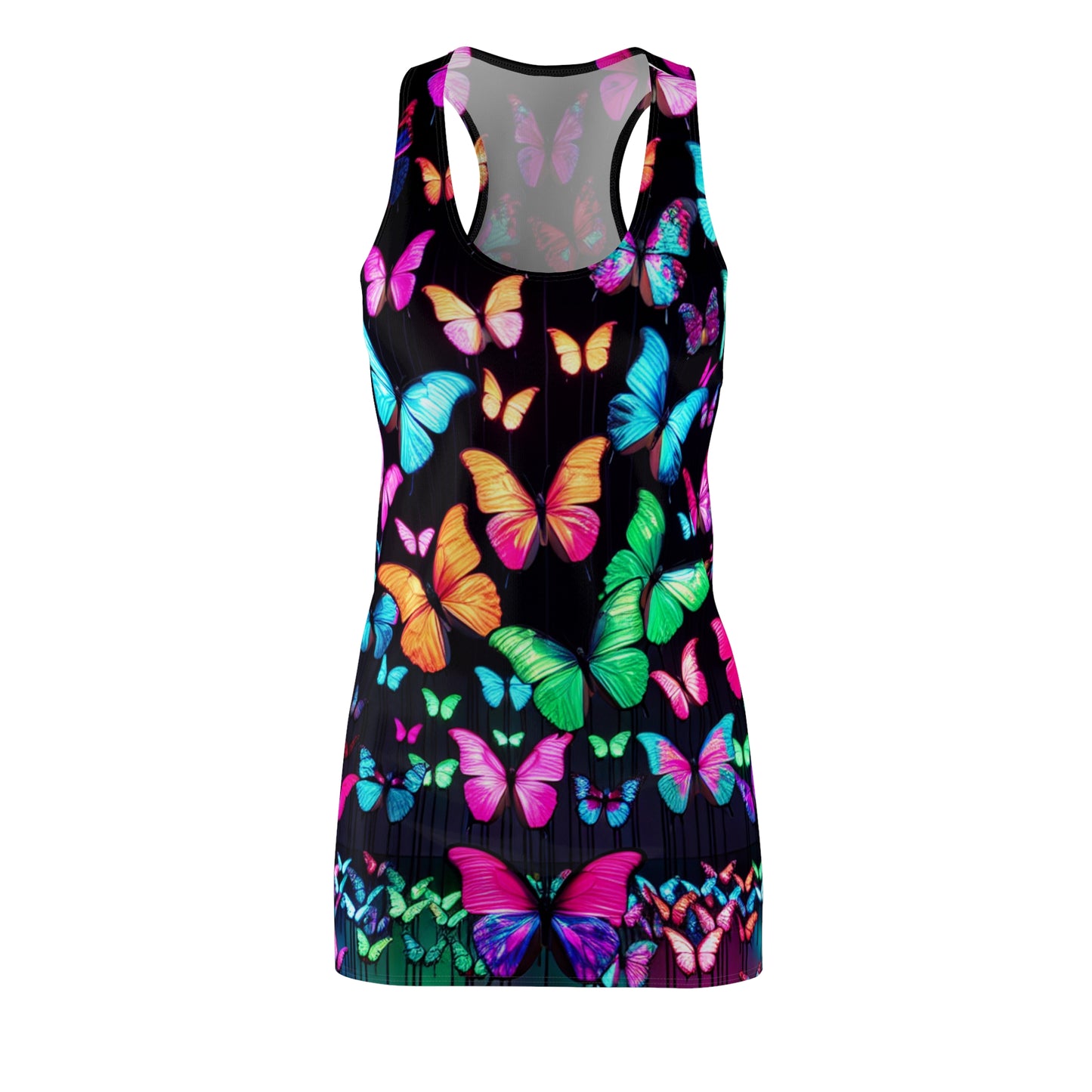 "Cosmic Butterfly Spectacle" Neon Butterflies  Racerback Dress
