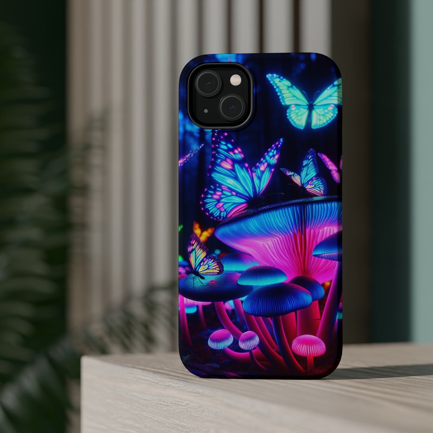 Neon Fantasy Garden Neon Butterflies and Mushrooms Premium Art Magsafe Magnet Tough IPhone 13 14 15 Pro Plus Max and Mini in Matte and Glossy Phone cases