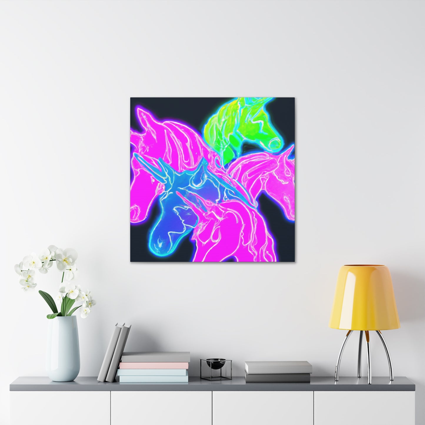 Neon Flurry Unicorns. NEON Unicorns Art Canvas